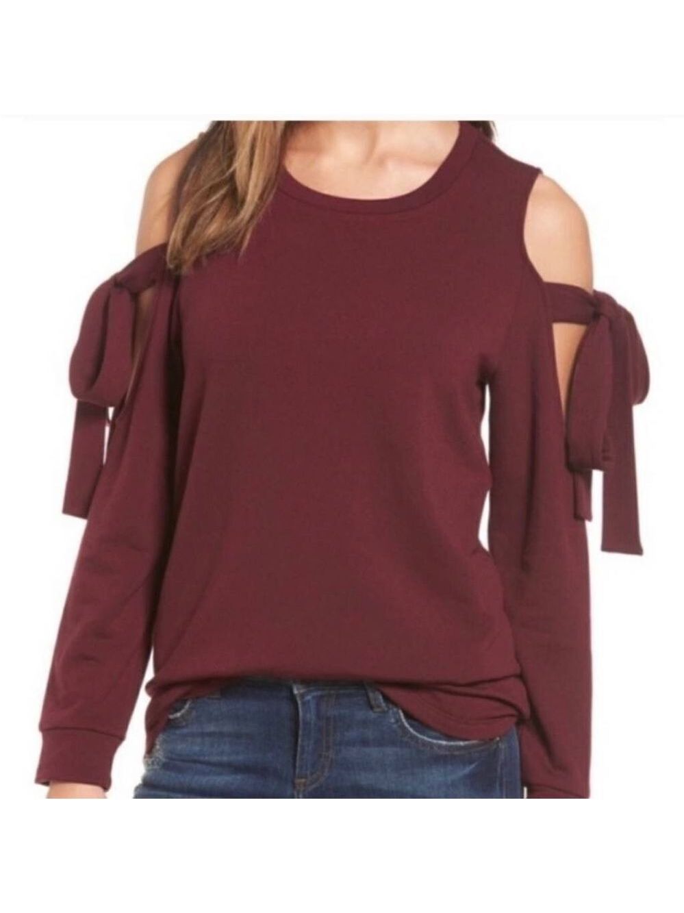 NWOT Pleione Nordstrom Cold Shoulder Tie Long Sleeve Pullover Sweatshirt Burgund